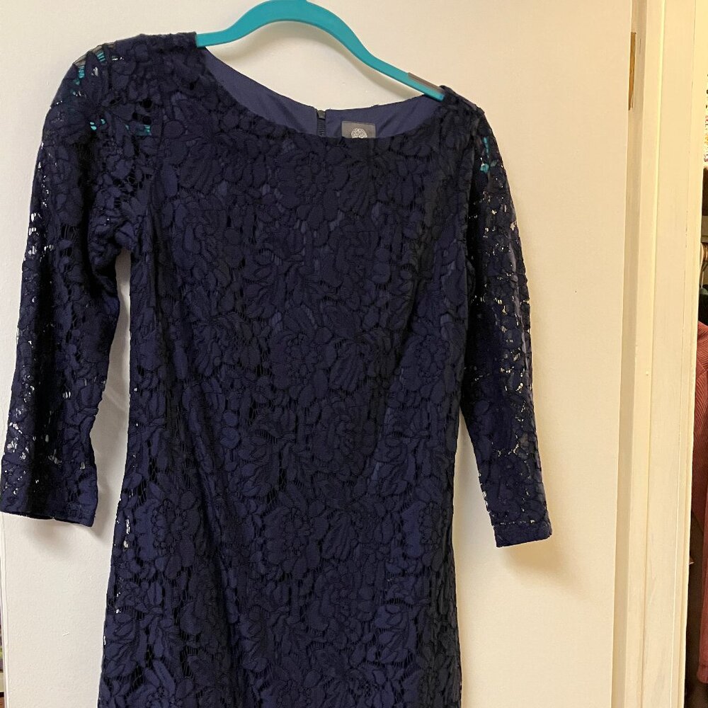 Vince Camuto Navy Lace Overlay Shirttail Hem Shift Designer Dress